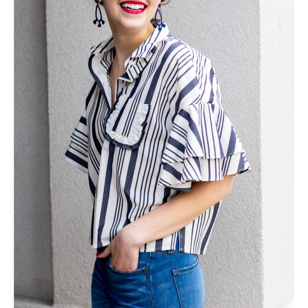 A New Day Striped Ruffle Flutter Sleeve Crop Top - Picture 2 of 8